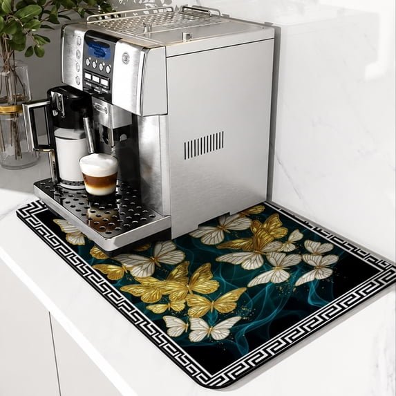SPXUBZ Blue Botanical Floral Coffee Mat, Super Absorbent Coffee Machine Mat, Kitchen Counter Drying Pad, Non Slip Coffee Station Mat, Quick Dry Counter & Drying Mat