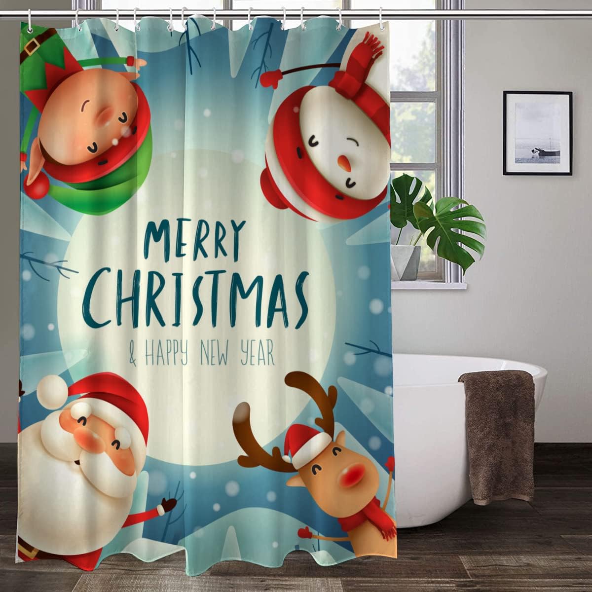 SPXUBZ Blue Christmas Shower Curtain,Santa Claus Kids Reindeer Snowman