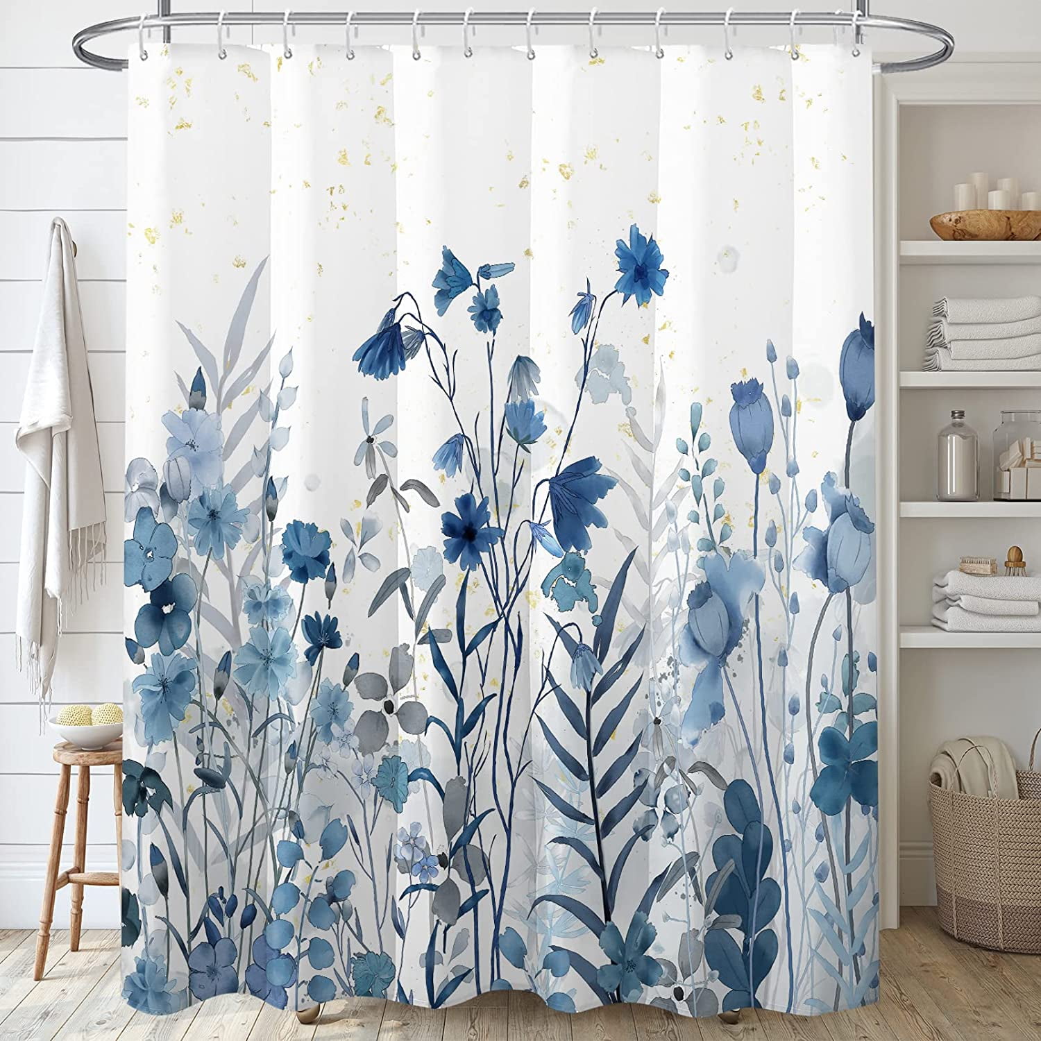 SPXUBZ Blue Floral Shower Curtain,Navy Blue Lush Flowers Bathroom Shower Curtains Sets with 12 ...