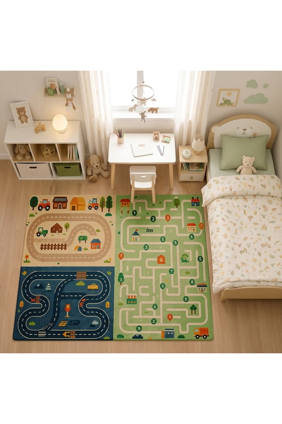 Blue and Green Split Theme Road Track for son and daughter Play Rug, Soft Velvet City Road Map Area Rug for Playroom Bedroom, Educational Toy Car Track Floor Mat