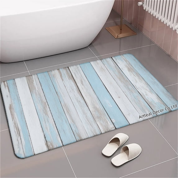 SPXUBZ Blue White Wood Plank Pattern Non Slip Kitchen Mats Bathroom Rugs Floor Mats for Floor 24x16 inch