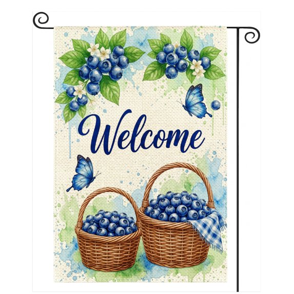SPXUBZ Blueberry Garden Flag 12x18 Inch, Floral Fruit Linen Yard Flag with Welcome Design, Outdoor Decorative Flag for Garden Lawn Porch Spring Summer Decoration