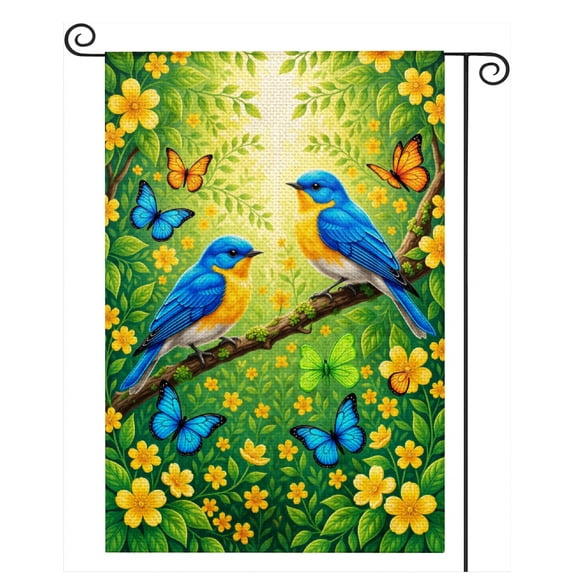 SPXUBZ Bluebird Garden Flag 12x18 Inch, Tropical Flower Bird Linen Yard Flag, Outdoor Decorative Flag for Garden Lawn Porch Patio Nature Decoration