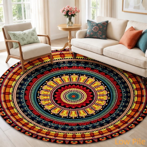 SPXUBZ Bohemian Aztec Geometric Mandala Tribal Circle Pattern Round Area Rug, Soft Velvet Circle Carpet Non-Slip Floor Mat for Living Room Bedroom Home Decor