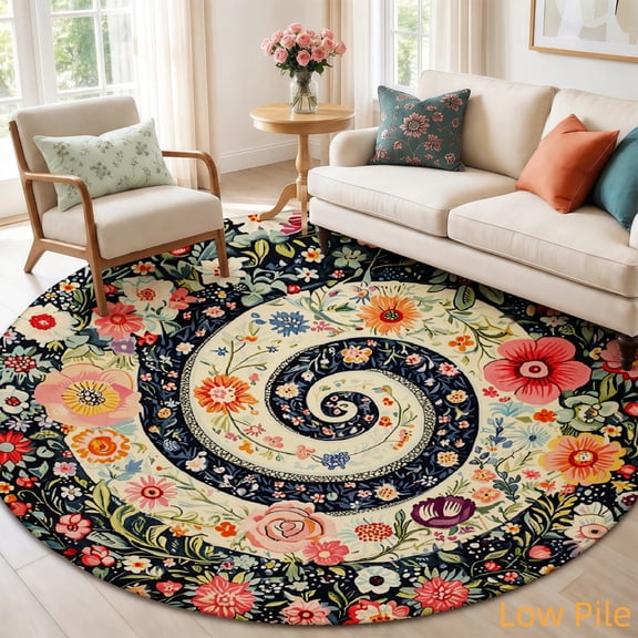 SPXUBZ Boho Floral Mandala Spiral Pattern Abstract Folk Art Round Area Rug, Soft Velvet Circle Carpet Non-Slip Floor Mat for Living Room Bedroom Home Decor