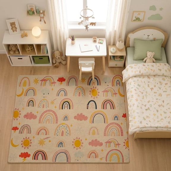 SPXUBZ Boho Pastel Rainbow Sun Pattern Nursery for son and daughter Play Rug, Soft Velvet City Road Map Area Rug for Playroom Bedroom, Educational Toy Car Track Floor Mat