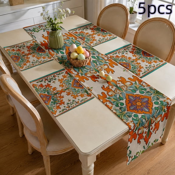 SPXUBZ Boho Table Runner and Placemats Set, 4 Linen Placemats and 1 Table Runner, Elegant Floral Tapestry Carpet Print, Heat Resistant Washable Holiday Dinner Decor, Teal Blue / Cream, FS28