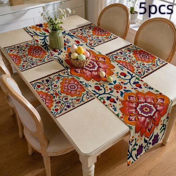 SPXUBZ Boho Table Runner and Placemats Set, 4 Linen Placemats and 1 Table Runner, Luxury Traditional Carpet Style Carpet Print, Heat Resistant Washable Holiday Dinner Decor