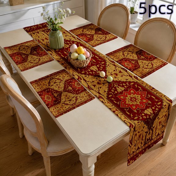 SPXUBZ Boho Table Runner and Placemats Set, 4 Linen Placemats and 1 Table Runner, Luxury Traditional Carpet Style Carpet Print, Heat Resistant Washable Holiday Dinner Decor, Crimson Red / Orange, FS8