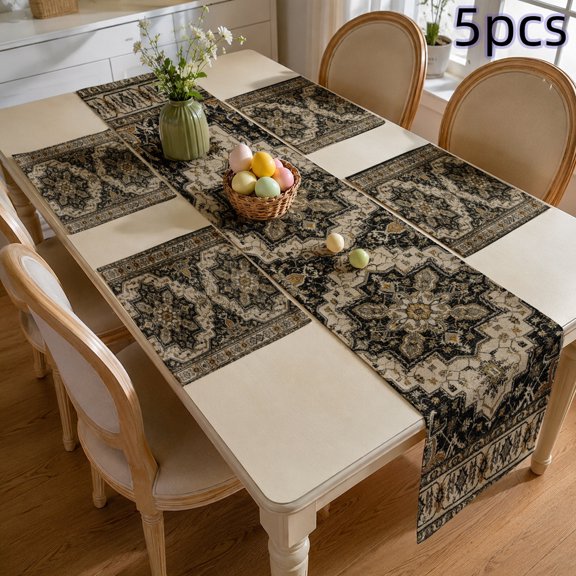 SPXUBZ Boho Table Runner and Placemats Set, 4 Linen Placemats and 1 Table Runner, Retro Distressed Oriental Carpet Print, Heat Resistant Washable Holiday Dinner Decor, Grey / Black / White, FS52