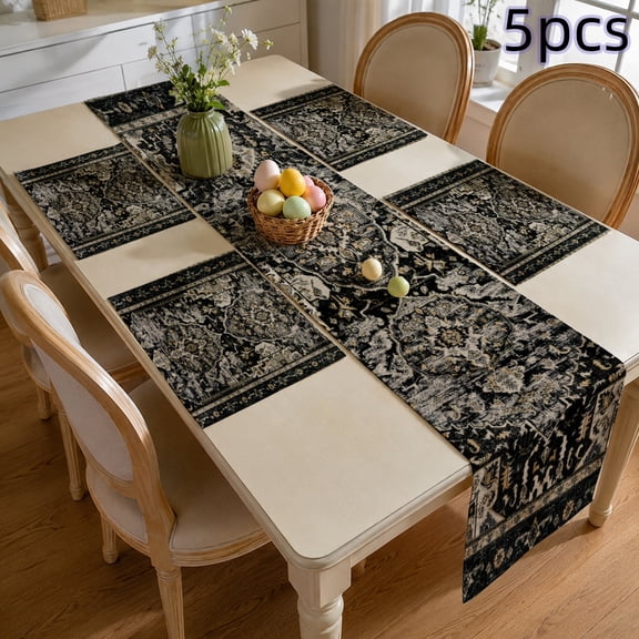 SPXUBZ Boho Table Runner and Placemats Set, 4 Linen Placemats and 1 Table Runner, Retro Distressed Oriental Carpet Print, Heat Resistant Washable Holiday Dinner Decor, Grey / Black / White, FS4