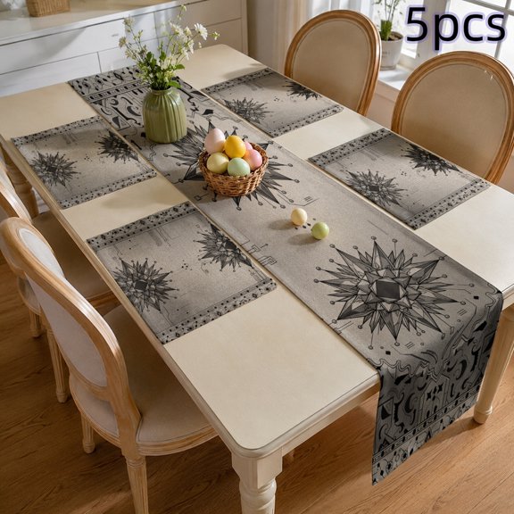 SPXUBZ Boho Table Runner and Placemats Set, 4 Linen Placemats and 1 Table Runner, Retro Distressed Oriental Carpet Print, Heat Resistant Washable Holiday Dinner Decor, Grey / Black / White, FS20