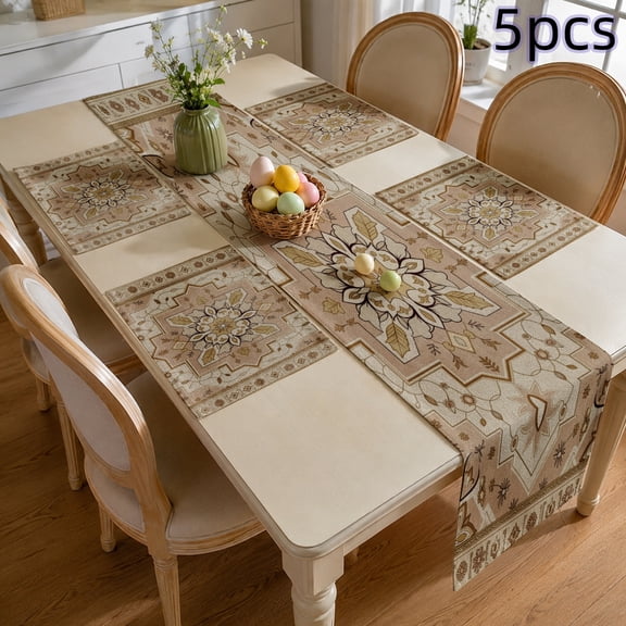 SPXUBZ Boho Table Runner and Placemats Set, 4 Linen Placemats and 1 Table Runner, Rustic Farmhouse Damask Carpet Print, Heat Resistant Washable Holiday Dinner Decor, Beige / Cream / Ivory, FS60