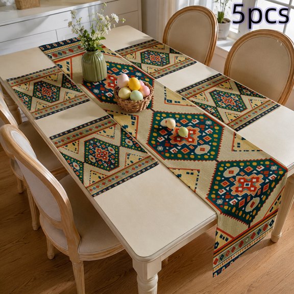 SPXUBZ Boho Table Runner and Placemats Set, 4 Linen Placemats and 1 Table Runner, Rustic Farmhouse Damask Carpet Print, Heat Resistant Washable Holiday Dinner Decor, Beige / Cream / Ivory, FS44