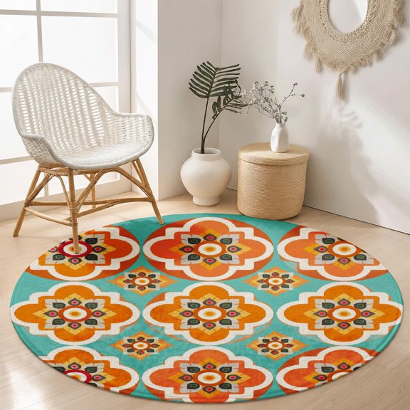 SPXUBZ Boho Terracotta Orange Tile Geometric Round Area Rug, Soft Velvet Washable Circle Carpet, Non-Slip Backing Floor Mat for Kitchen Dining Room Southwestern Decor (31.5", 39.4", 63", 78.7")