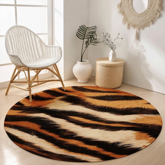 SPXUBZ Bold Orange Tiger Stripe Animal Print Round Area Rug, Velvet Washable Circle Carpet, Non-Slip Floor Mat for Kids Playroom Bedroom Safari Jungle Theme Decor (31.5", 39.4", 63", 78.7")