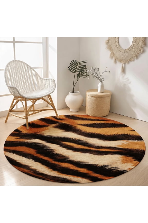Bold Orange Tiger Stripe Animal Print Round Area Rug, Velvet Washable Circle Carpet, Non-Slip Floor Mat for Kids Playroom Bedroom Safari Jungle Theme Decor (31.5", 39.4", 63", 78.7")