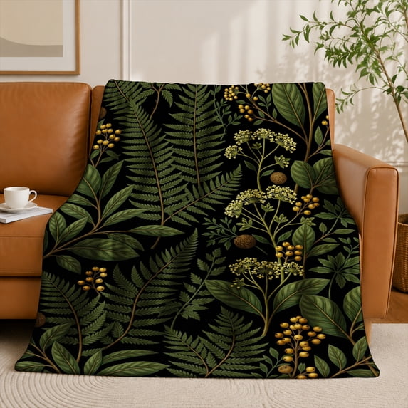 SPXUBZ Botanical Leaf Flannel Fleece Blanket, Dark Green Plant Throw Blanket, Soft Cozy Warm Blanket for Bedroom Home Decor