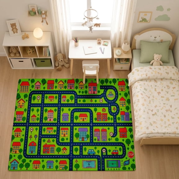 SPXUBZ Bright Green Traffic Intersections for son and daughter Play Rug, Soft Velvet City Road Map Area Rug for Playroom Bedroom, Educational Toy Car Track Floor Mat