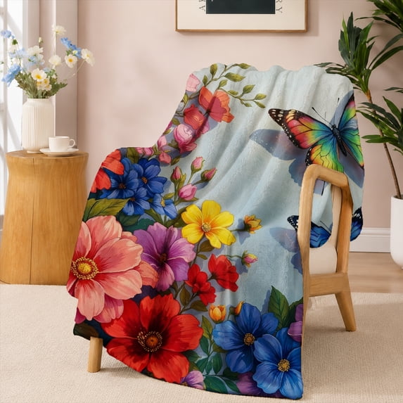 SPXUBZ Butterfly Floral Flannel Fleece Blanket Colorful Garden Throw Blanket Flower Nature Pattern Soft Cozy Blanket for Bedroom Sofa 50"x40"