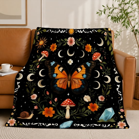SPXUBZ Butterfly Mushroom Flannel Fleece Blanket Bohemian Nature Throw Blanket Botanical Fantasy Pattern Soft Cozy Blanket for Bedroom Sofa Decor 60"x50"