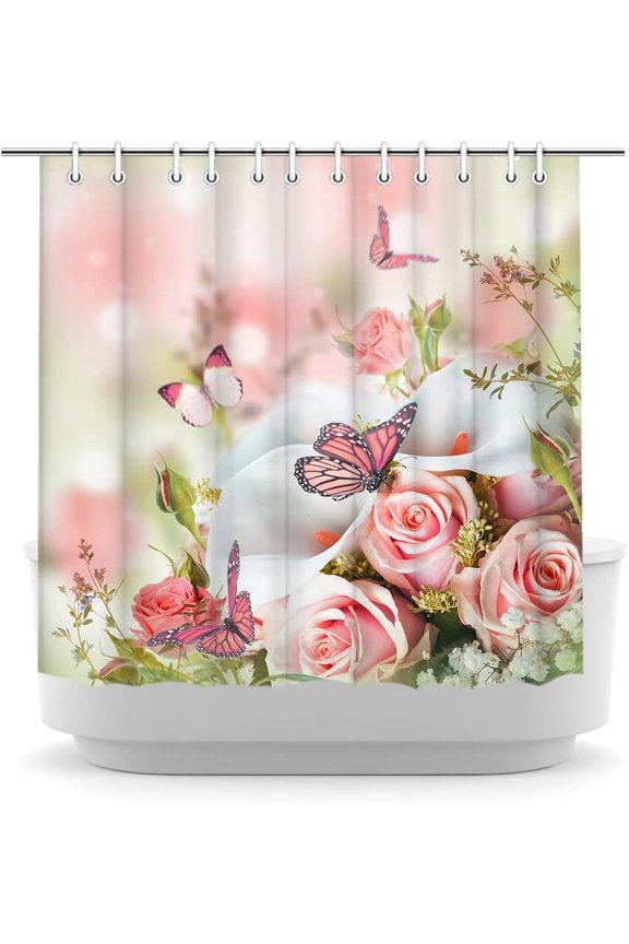 Butterfly and Rose Shower Curtain Elegant Pink Flower Bathrooom Curtain Pretty Floral Bathroom Curtain Fabric Accessories Set with 12Pcs Hooks for Bathroom 72x72inch