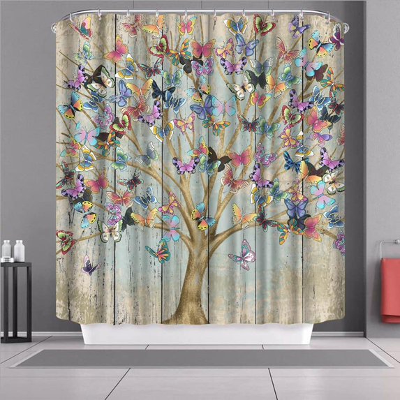 SPXUBZ Butterfly Tree Shower Curtain Tree of Life Bathroom Curtain Grunge Style Butterfly Shower Curtain with 12Pcs Hooks Waterproof Fabric 72x72 Inch