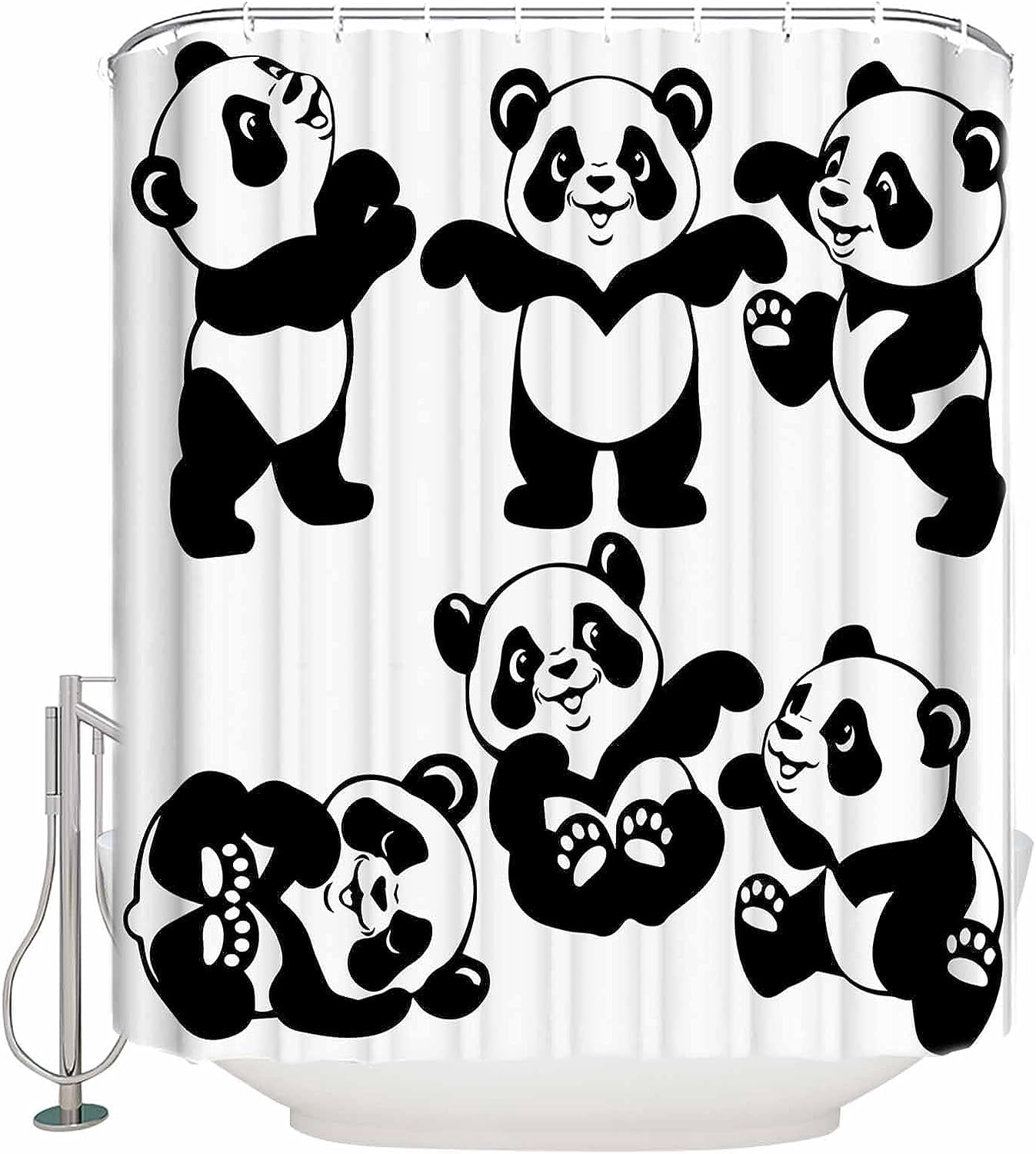 SPXUBZ Cartoon Animal Panda Child Happy Black and White Shower Curtain