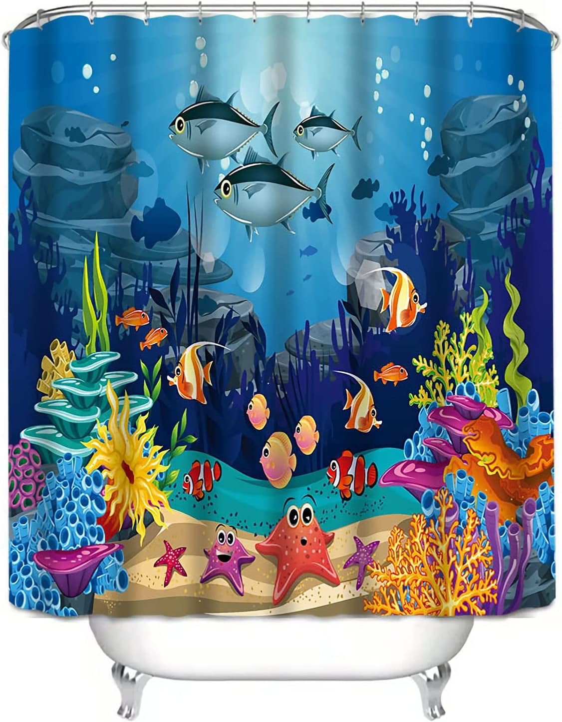 SPXUBZ Cartoon Tropical Fish Shower Curtain for Bathroom and Bathtubs, Blue Ocean Theme ...