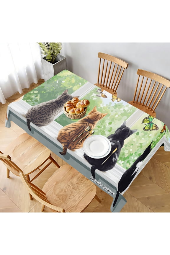 SPXUBZ Cat And Butterfly Garden Scene Table Cloth For Rectangle Tables 70x55 inch Stain Resistant Washable Polyester Table Cloth Decorative Fabric Table Cover For Dining Tables Parties