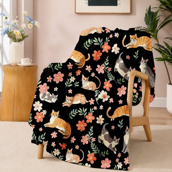 SPXUBZ Cat Floral Flannel Fleece Blanket Cute Pet Pattern Throw Blanket Garden Animal Design Soft Cozy Blanket for Cat Lovers Bedroom 50"x40"