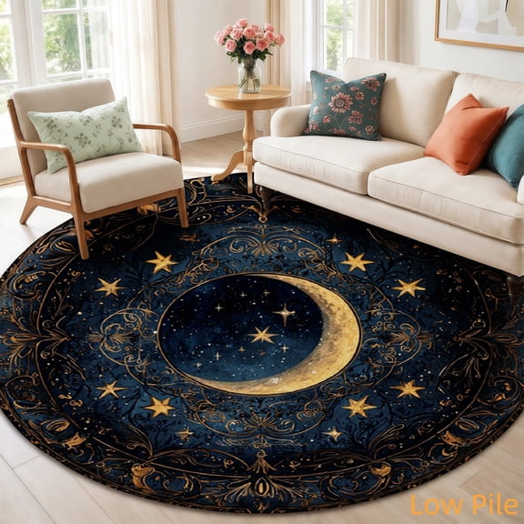 SPXUBZ Celestial Moon and Stars Mystic Astrology Night Sky Round Area Rug, Soft Velvet Circle Carpet Non-Slip Floor Mat for Living Room Bedroom Home Decor