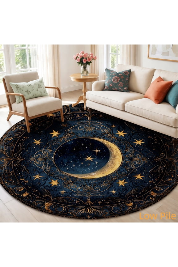 Celestial Moon and Stars Mystic Astrology Night Sky Round Area Rug, Soft Velvet Circle Carpet Non-Slip Floor Mat for Living Room Bedroom Home Decor