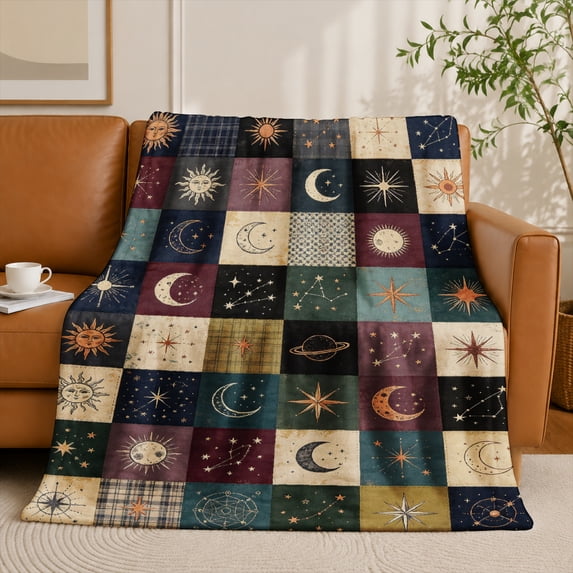 SPXUBZ Celestial Sun Moon Stars Planets Patchwork Flannel Throw Blanket Soft Warm Cozy Fleece Blanket for Bedroom Living Room Decor