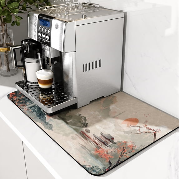 SPXUBZ Chinese Ink Landscape Coffee Mat, Super Absorbent Coffee Bar Mat, Kitchen Counter Drying Pad, Coffee Maker Mat, Non Slip Counter Protector, Quick Dry Drying Mat