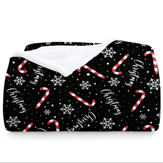 SPXUBZ Christmas Candy Canes Snowflakes Black Scene Flannel Throw Blanket Soft Warm Cozy Fleece Blanket Holiday Decor Bed Couch