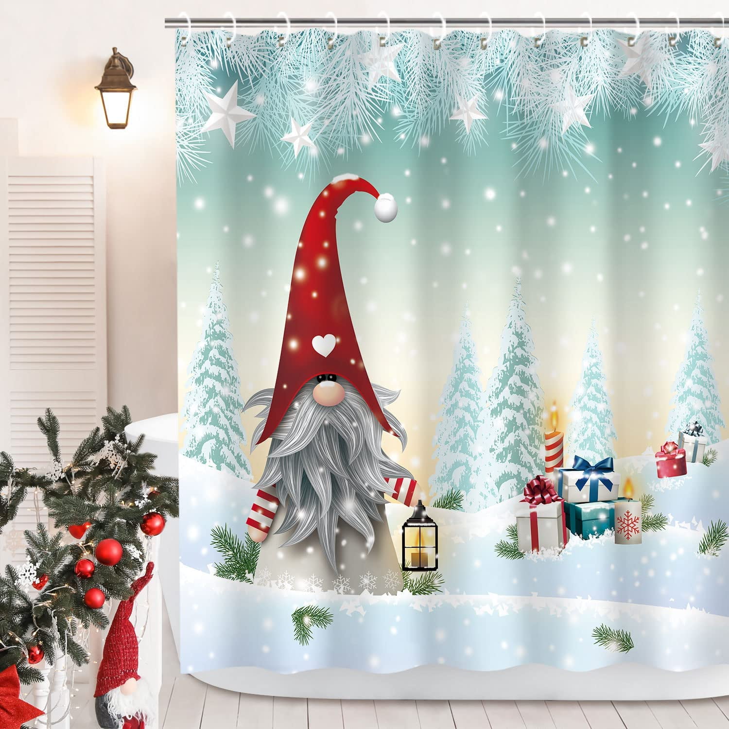 SPXUBZ Christmas Gnome Shower Curtain Holiday Shower Curtains for