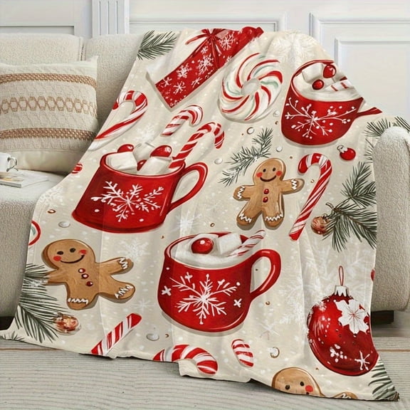 SPXUBZ Christmas Holiday Theme Fleece Blanket with Gingerbread Cookies Candy Canes and Red Mugs for Winter Christmas Gift Home Sofa Bed Decoration 50x60 inch