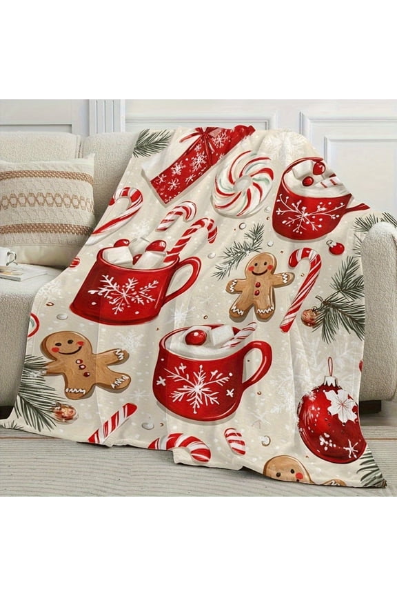 Christmas Holiday Theme Throw Blanket with Gingerbread Cookies Candy Canes and Red Mugs for Winter Christmas Gift Home Sofa Bed Decoration 50x40 inch
