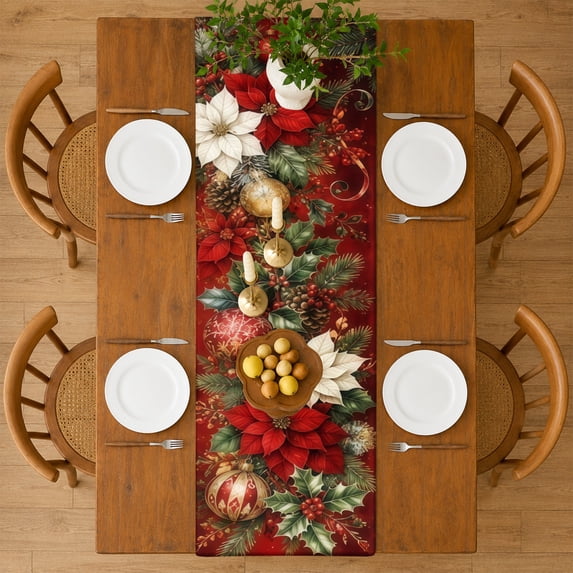 SPXUBZ Christmas Ornament Poinsettia Table Runner 13 x 72 Inch Holiday Floral Dining Table Runner Winter Farmhouse Kitchen Home Decor