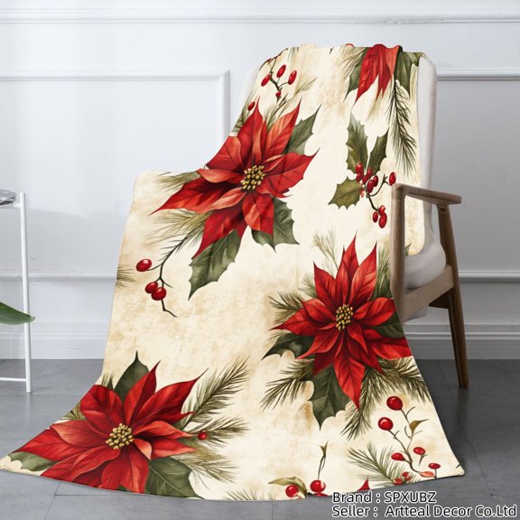 SPXUBZ Christmas Poinsettia Floral Throw Blanket for Winter Christmas Gift Home Sofa Bed Decoration 50x40 inch