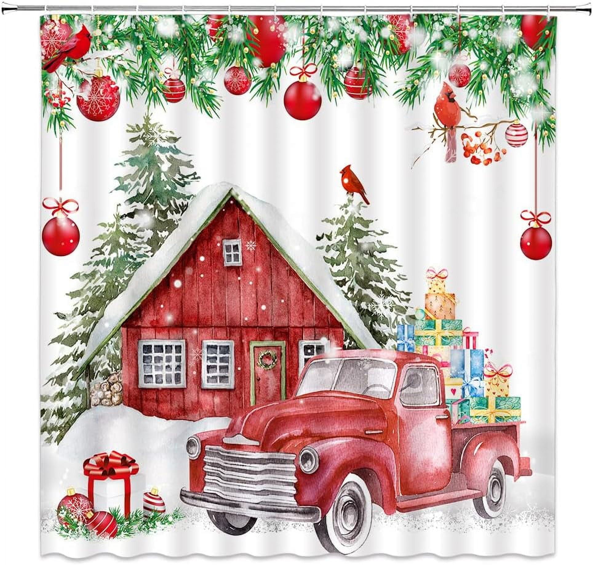 SPXUBZ Christmas Red Truck Shower Curtains Winter Xmas Ball Farmhouse