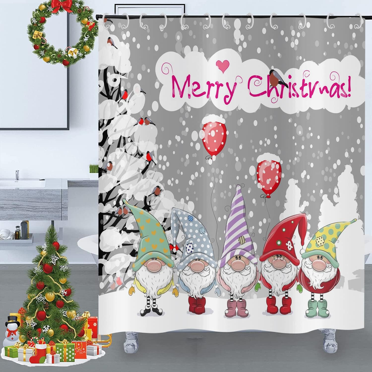 SPXUBZ Christmas Shower Curtain Cute Colorful Hat Gnome Red Balloon