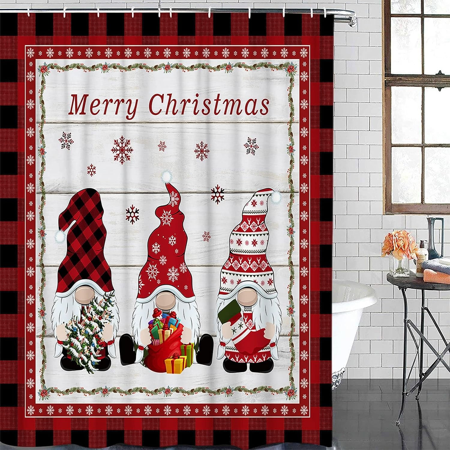 SPXUBZ Christmas Shower Curtain Merry Gnome and Snowflake Red Buffalo