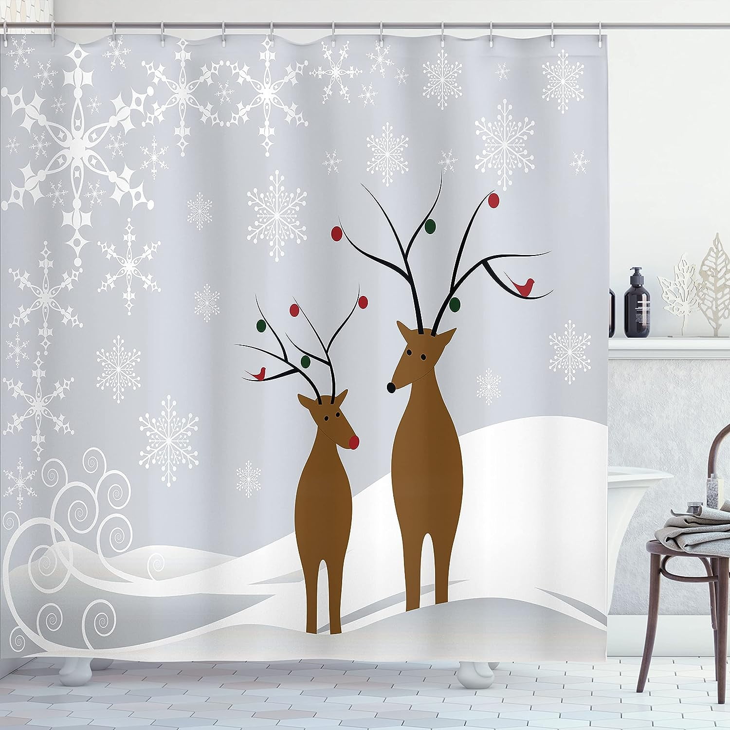 SPXUBZ Christmas Shower Curtain, Reindeers at Noel Time Yule with