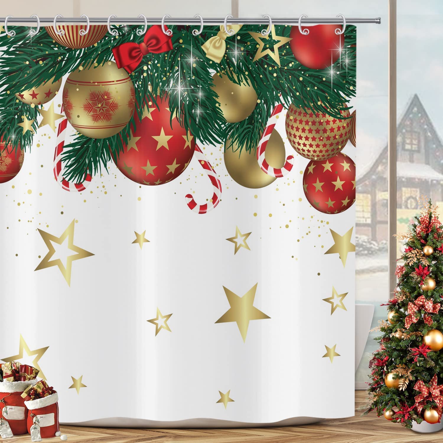 SPXUBZ Christmas Shower Curtain Set, Green Holly Cedar Red Ballon Gold
