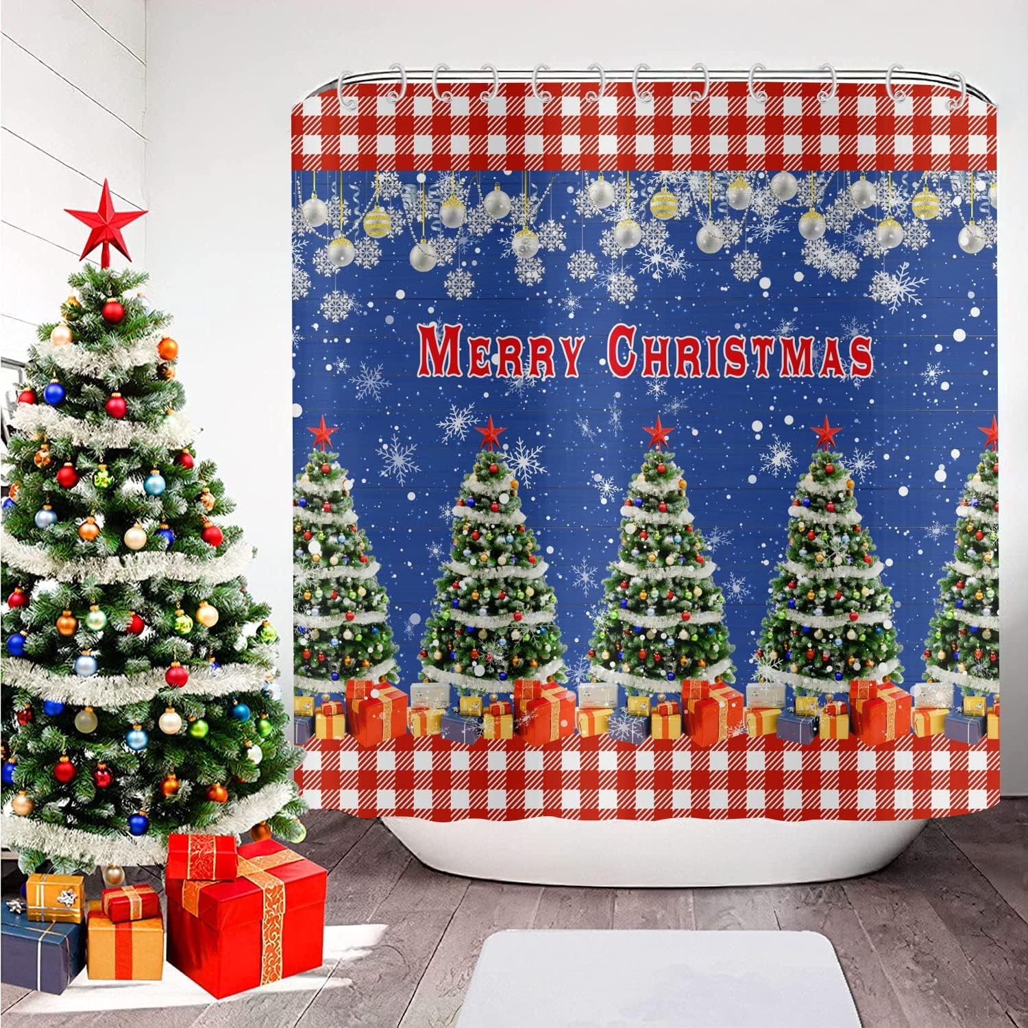 SPXUBZ Christmas Shower Curtains for Bathroom, Red Buffalo Plaid Shower