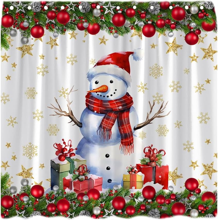 SPXUBZ Christmas Snowman Shower Curtain Red Xmas Ball Green Pine Twig