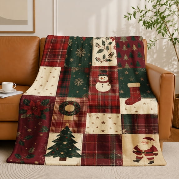 SPXUBZ Christmas Snowman Tree Plaid Patchwork Grid Flannel Throw Blanket Soft Warm Cozy Fleece Blanket for Holiday Season Decor