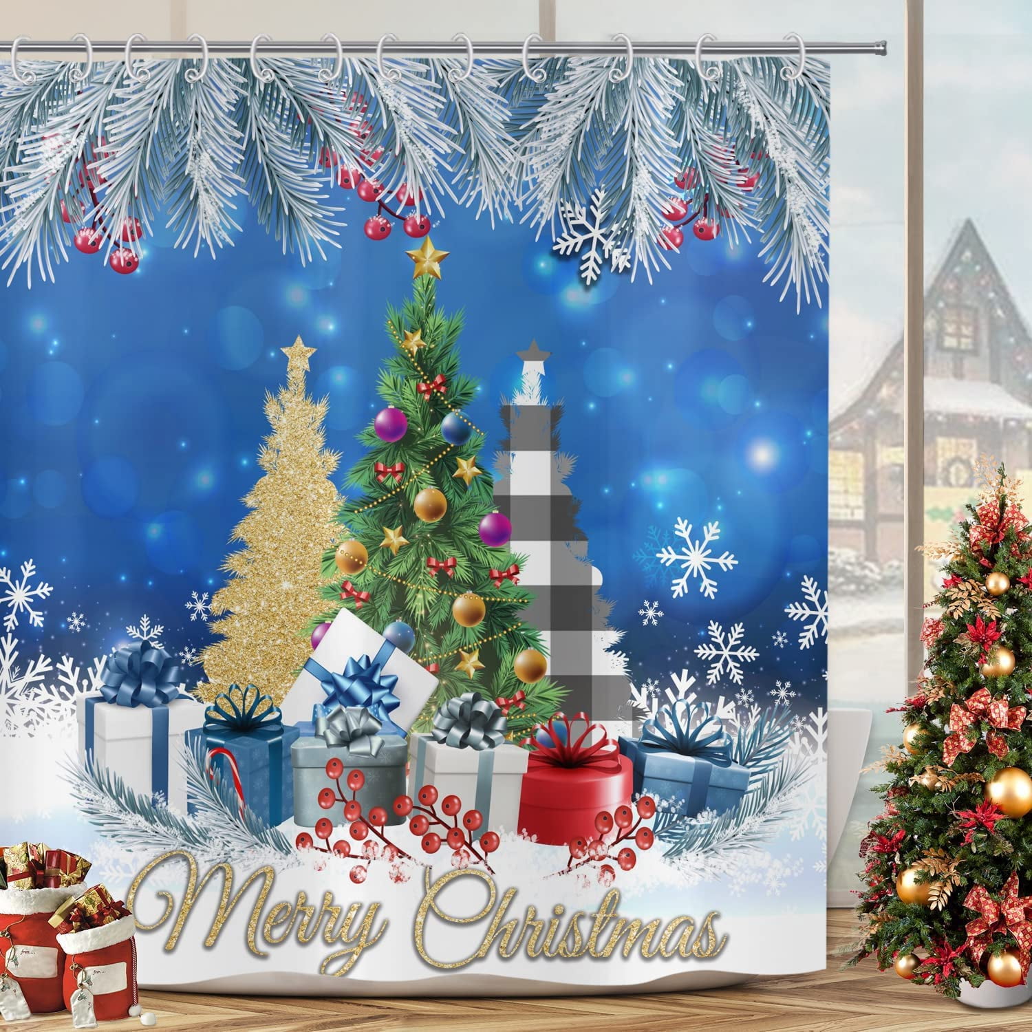 SPXUBZ Christmas Tree Shower Curtain, Winter Snowflake Snow Green Gold Black and White Plaid